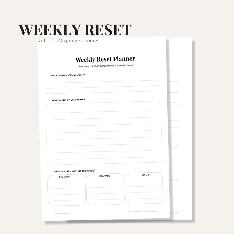 Weekly Reset Planner Printable | Mental Clarity Worksheet | Brain Dump ...