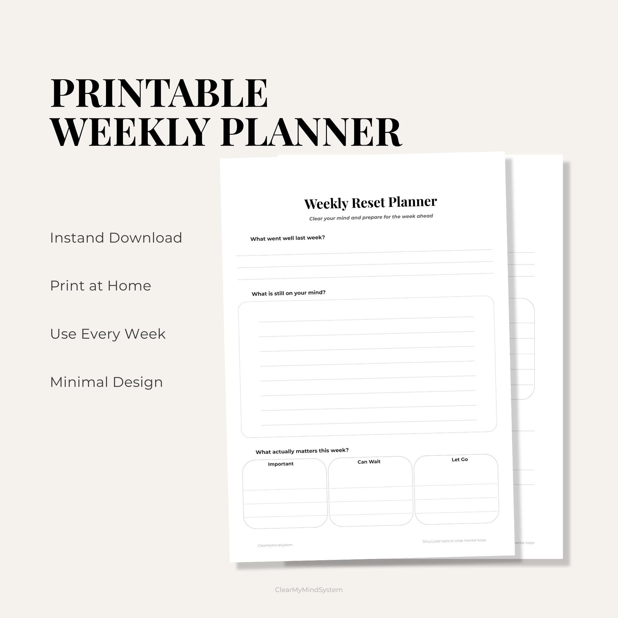 Weekly Reset Planner Printable | Mental Clarity Worksheet | Brain Dump ...