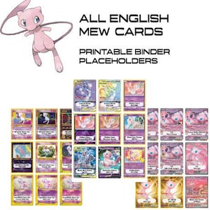 Può includere: Una collezione di segnaposto stampabili per raccoglitori di carte collezionabili Mew, con un'illustrazione del personaggio Mew rosa e il testo ALL ENGLISH MEW CARDS PRINTABLE BINDER PLACEHOLDERS, visualizzati accanto a numerose piccole immagini di carte.