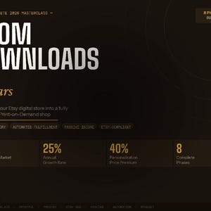 Può includere: Immagine scura con testo bianco e oro che pubblicizza una masterclass sulla trasformazione dei negozi digitali Etsy in negozi di stampa on-demand automatizzati. Il testo recita "FROM DOWNLOADS to Dollars". Le statistiche includono un mercato POD globale di $57 miliardi entro il 2033 e una crescita annua del 25%.