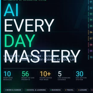 Könnte beinhalten: Eine Grafik für einen digitalen Masterclass mit dem Text "AI EVERY DAY MASTERY". Das Bild hebt wichtige Funktionen hervor: 10 Deep-Dive-Module, 56 sofort einsatzbereite Prompts, 10+ Stunden pro Woche gespart, 5 abgedeckte Lebensbereiche und ein 30-Tage-Aktionssystem. Die Grafik ist in Blau- und Weißtönen gehalten.
