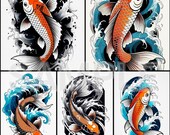Koi Fish Tattoo Flash Set (5 Designs) – Japanese Style Koi Art, Tattoo Stencil, Printable Tattoo Flash Sheet, Wave Koi Illustration Bundle