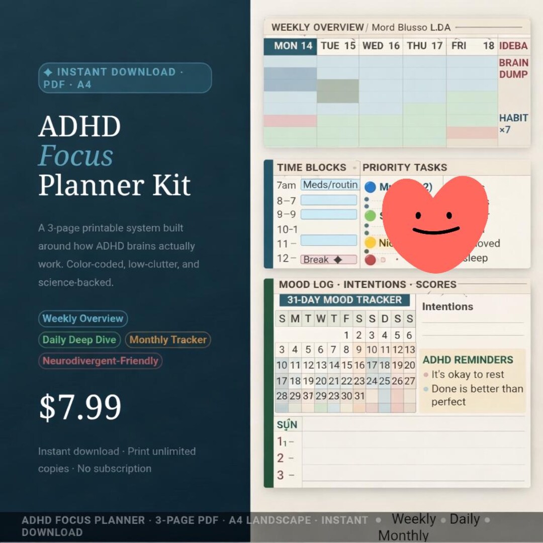 ADHD Planner Printable Adults | Weekly Daily Monthly Focus Kit ...