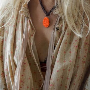 Hand-stitched Glass Bead Pendant Necklace, Silk Ribbon Choker, Hot Orange Medallion