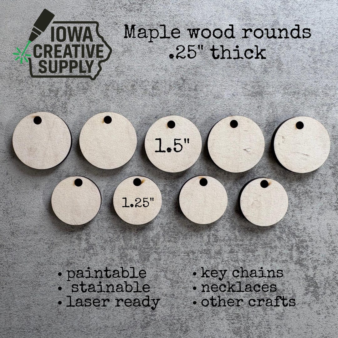 Maple Ridge Cedar Rounds Maple Wood Rounds With Hole, 1.25” & 1.5” Blanks, 1/4” Thick, Laser ...