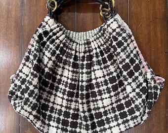 Vintage Tweed Hobo Bag Brown White Plaid Tortoiseshell Handle Slouchy Boho