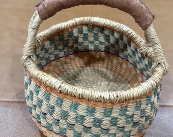 Handwoven Wicker Basket W/ Leather Wrapped Handle Green Orange Boho Rustic