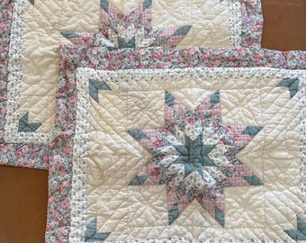 Set of 2 Vintage Quilted Pillow Shams Floral Star Pattern Zipper Back 28x23