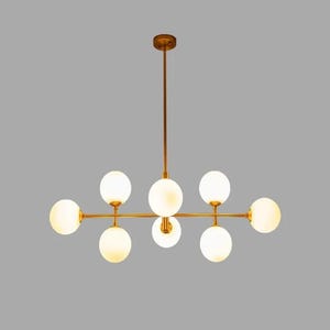 Lampadario Sputnik: 8 lampade a sospensione lineari in ottone con globo in vetro opalino, lampada da tavolo da pranzo