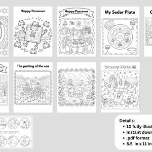 Puede incluir: Una colección de ilustraciones en blanco y negro para la Pascua Judía, que incluye escenas con texto como "Happy Passover", "My Seder Plate" y "Chag Pesach". Las imágenes están diseñadas para colorear e incluyen detalles como las "10 Plagas de Egipto".