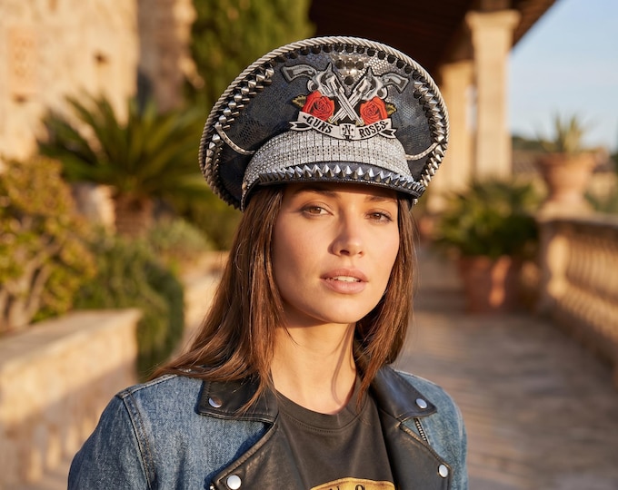Handmade Rhinestone Captain Hat | Rockstar Glam Festival Cap | Studded Burning Man Statement Hat Inspired by Guns N’ Roses