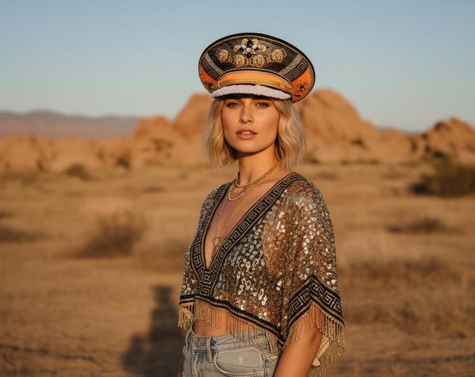 Tiger Head Captain Hat Black Orange | Crystal Lion Medallion Headpiece for Festivals, Burning Man | Statement Designer Hat for Elevated Look