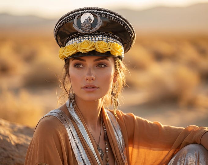 Yellow Rose Captain Hat | Silver Rhinestone Festival Hat | Burning Man Playa Cap | Crescent Moon Statement Headpiece