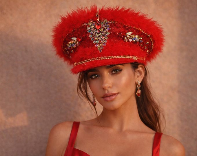 Red Faux Fur Firebird Captain Hat | Crystal Embellished Festival Headpiece | Designer Statement Hat