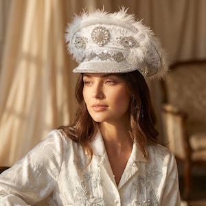 White Crystal Captain Hat | Bridal Burning Man Festival Hat | Rhinestone Feather Statement Cap | Bachelorette & Winter Wonderland Headpiece