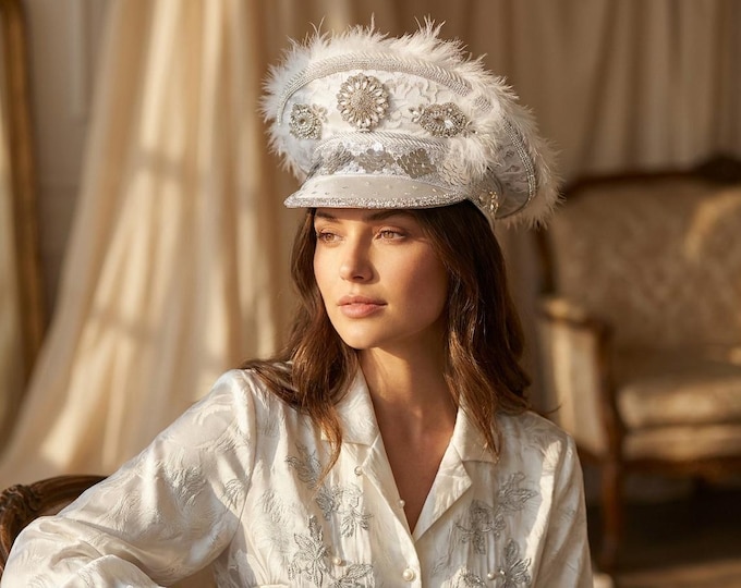 White Crystal Captain Hat | Bridal Burning Man Festival Hat | Rhinestone Feather Statement Cap | Bachelorette & Winter Wonderland Headpiece