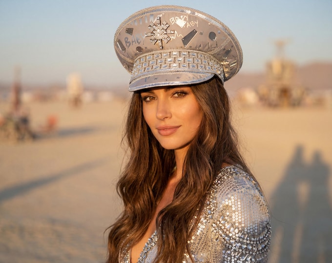 Silver Burning Man Captain Hat | Handmade Festival Military Cap | Rhinestone Playa Hat | Futuristic Rave Hat | Sparkly Statement Hat