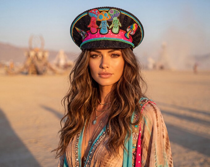 Mushroom Captain Hat | Colorful Festival Military Cap | Handmade Burning Man Statement Hat | Wearable Art