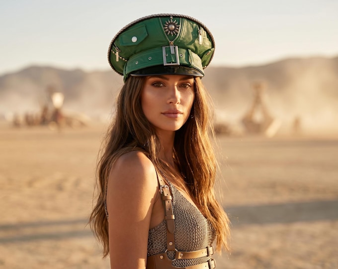 Emerald Green Military Captain Hat | Luxury Statement Festival Cap | Handmade Belted Burning Man Fashion Headpiece