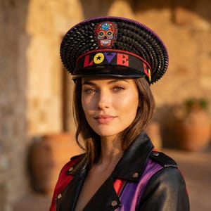 Può includere: Un cappello nero con bordo borchiato e fascia viola. Il cappello presenta un colorato teschio e la scritta "LOVE" in vari colori. La persona indossa una giacca di pelle nera, rossa e viola.
