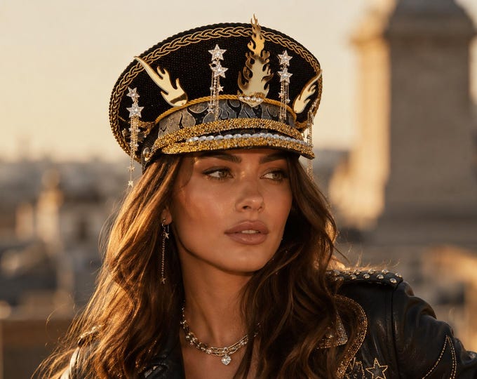 Black Gold Flame Captain Hat | Rhinestone Star Festival Hat | Burning Man Glam Rock Cap | Handmade Statement Hat | Celestial Fire Headpiece