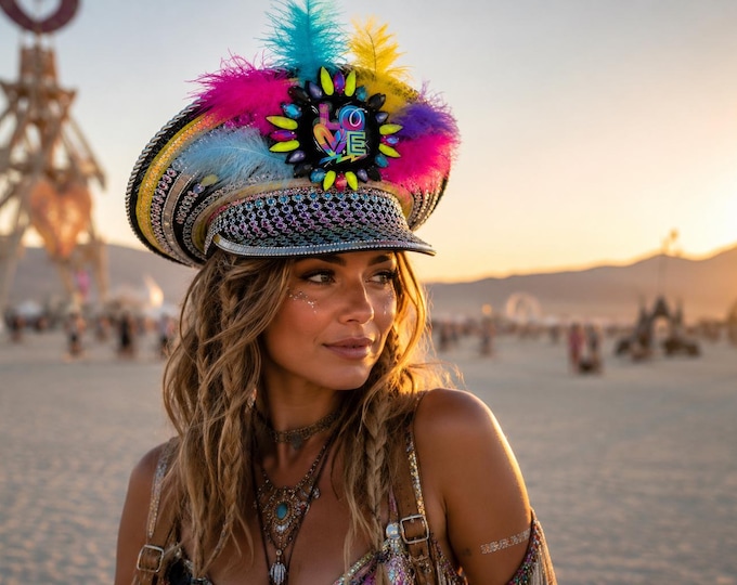 Neon Rhinestone LOVE Captain Hat with Feathers & Matching Earrings | Festival Fashion Statement Headpiece