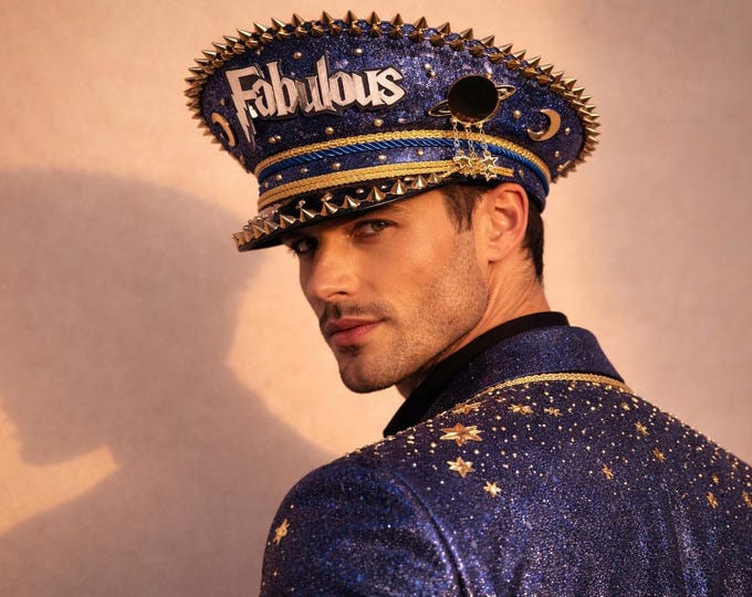 Celestial Captain Hat in Blue and Gold | Moon and Stars Zodiac Headpiece | Festival, Burning Man, Themed Party Designer Hat