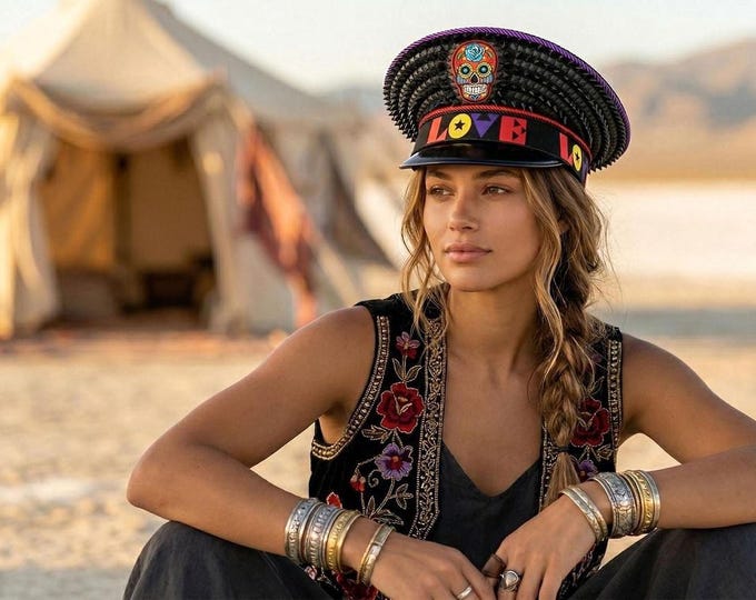 Studded Black Captain Hat with Red Skull | Handmade Burning Man, Festival, Prom, Party Statement Embellished Headpiece