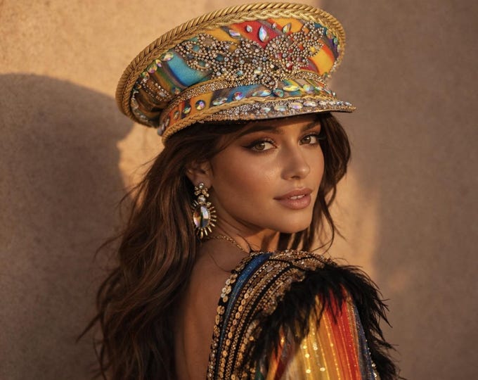 Rainbow Rhinestone Captain Hat | Crystal Festival Headpiece for Women | Burning Man, Rave, Pride, Yacht Party Statement Designer Hat