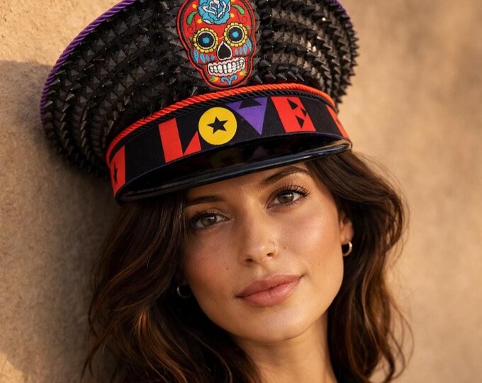 Studded Love Captain Hat – High Fashion Designer Headpiece with Skull in Black and Red
