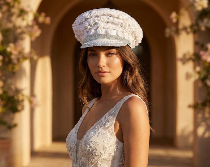 White Crystal Rose Captain Hat | Luxury Bridal Statement Headpiece | Rhinestone Boho Festival Cap | Burning Man Fashion Hat | Gift for Her