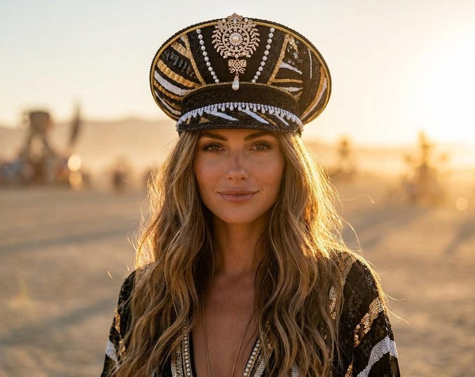 Luxury Black & Gold Captain Hat | Pearl Crystal Statement Military Cap | Handmade Festival Hat | Burning Man Fashion | Elegant Rave Hat