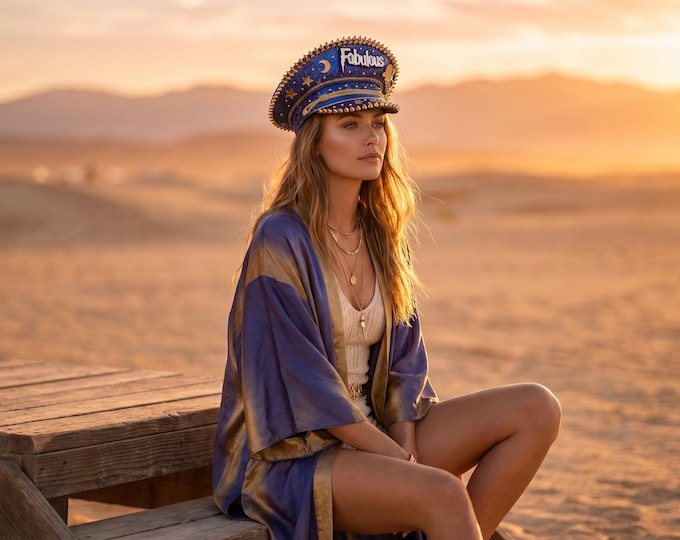 Fabulous Birthday Captain Hat | Blue Gold Rhinestone Party Hat | Celestial  Burning Man Cap | Handmade Statement Birthday Headpiece