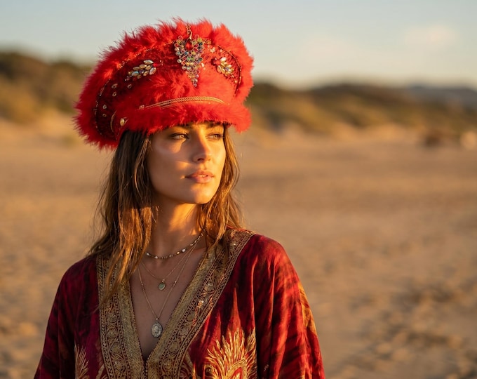Red Faux Fur Captain Hat | Burning Man Festival Hat | Glam Statement Military Cap | Handmade Boho Luxe Headpiece