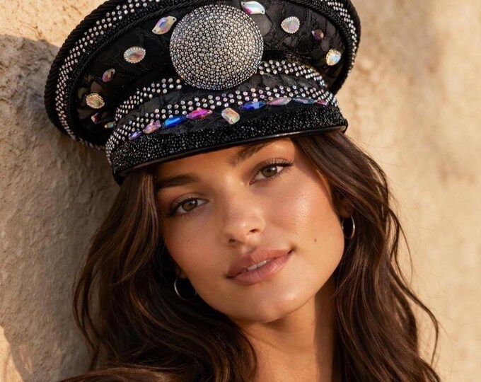 Black Rhinestone Captain Hat | Crystals & Laces Festival Headpiece | Burning Man, Rave, Yacht Party Statement Designer Hat