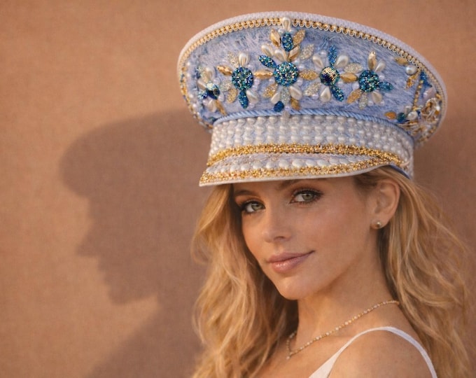 Bridal Bachelorette Look Statement Headpiece | Blue Floral Rhinestone Captain Hat | Handcrafted Statement Party Hat | Designer Style