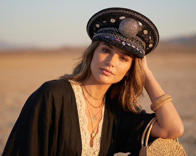 Black Rhinestone Captain Hat | Luxury Festival Military Cap | Burning Man Glam Hat | Handmade Statement Headpiece