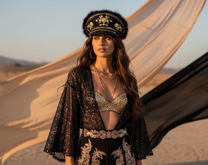 Elegant Black Gold Captain Hat | Rhinestone Military Fashion Cap | Handmade Festival Glam Headwear Handmade Burning Man Statement Headpiece