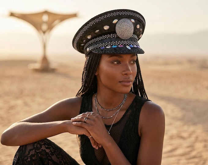 Black Embellished Captain Hat with Rhinestones | Handcrafted Burning Man, Festival, Prom, Party Statement Crystal Headpiece
