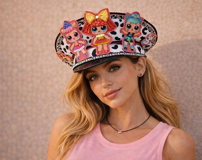 Pop Art Kawaii Captain Hat | Black White Pink Print Doll Appliqué Headpiece | Harajuku, Festival, Statement Designer Hat