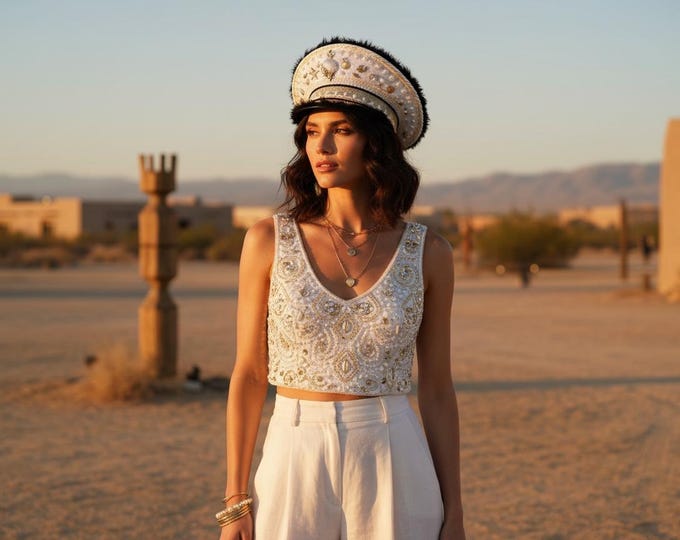 White Pearl Seashell Captain Hat | Crystal Black Fur Trim Headpiece | Bridal, Bachelorette, Festival, Yacht Party Statement Designer Hat