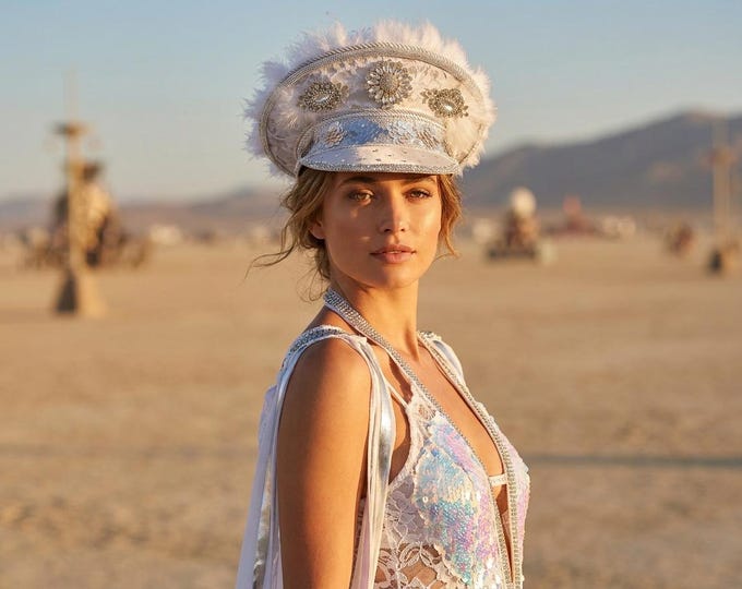 White Crystal Captain Hat | Rhinestone Feather Statement Cap | Bridal, Festival Headpiece