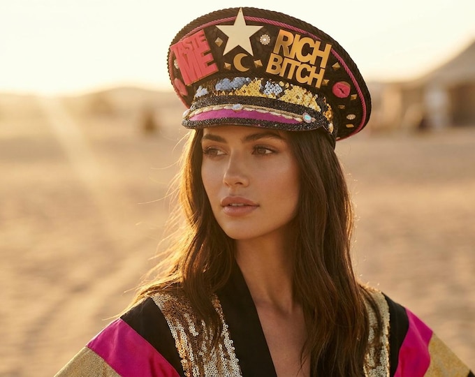 Glam Burning Man Hat | Black & Pink Statement Captain Cap | Festival Fashion Headpiece | Handmade Rave Accessories