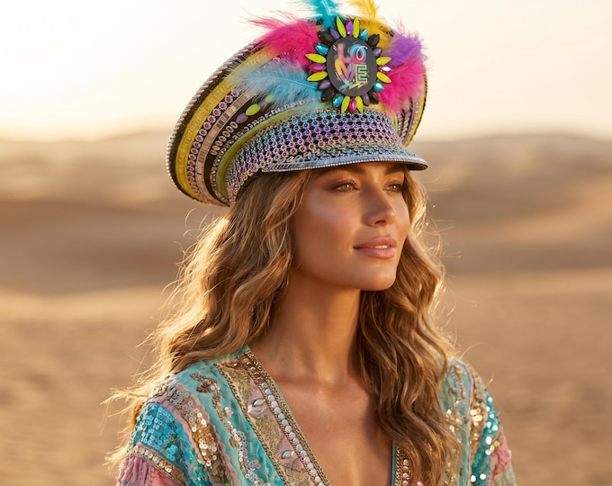 Neon Rhinestone LOVE Captain Hat with Feathers & Matching Earrings | Festival Statement Headpiece | Glam Burning Man Fashion Cap