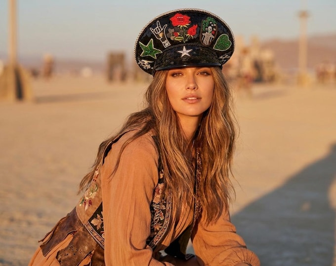 Black Sequin Captain Hat | Burning Man Playa Hat | Gothic Skull & Rose Military Cap | Handmade Statement Rave Hat | Biker Fashion