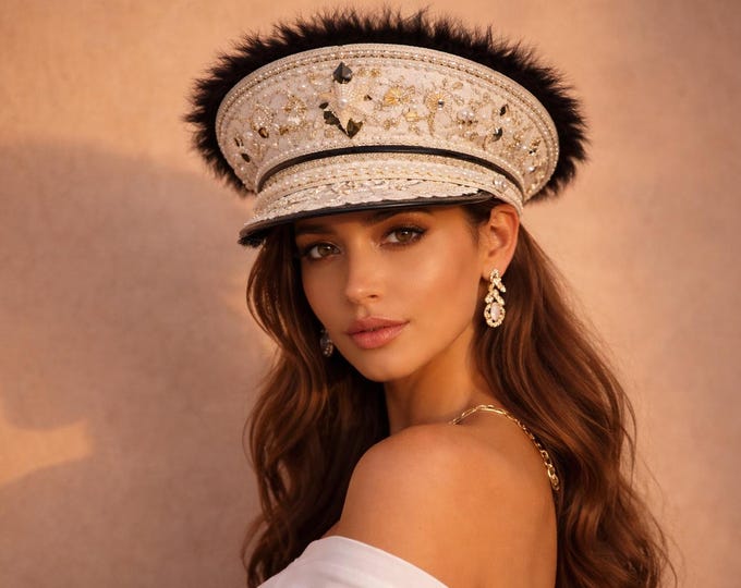 White Pearl Seashell Captain Hat | Crystal Black Fur Trim Headpiece | Bridal, Bachelorette, Festival, Yacht Party Statement Designer Hat