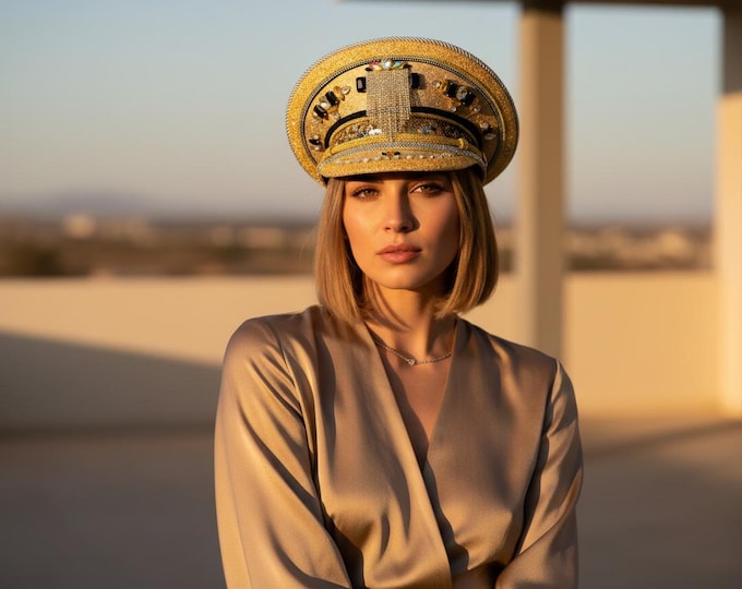 Gold Crystal Captain Hat | Luxury Festival Hat | Rhinestone Military Cap | Burning Man Glam Headpiece