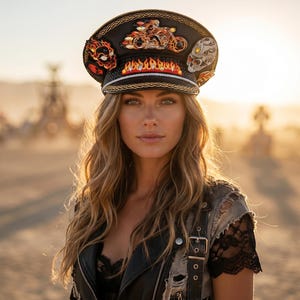 Puede incluir: Una gorra de estilo militar negra con parches bordados de una motocicleta, llamas y una calavera. La gorra tiene una visera estructurada con un borde trenzado en tono dorado y una banda decorativa. El diseño incluye motivos de fuego en naranja y amarillo.