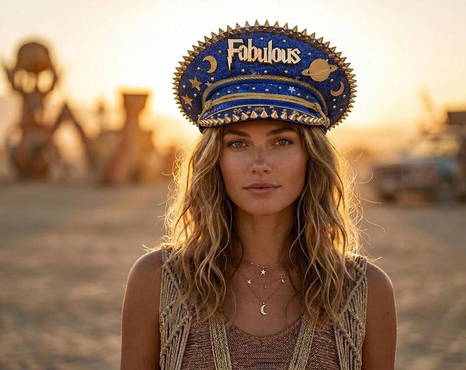 Fabulous Blue & Gold Captain Hat | Rhinestone Birthday Festival Cap | Celestial Star Burning Man Hat | Handmade Statement Headpiece