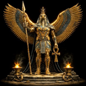 May include: A golden statue of the Egyptian god Horus, depicted with a falcon head and large, outstretched wings. He holds a spear and an ankh, standing on a stone platform with two flaming braziers. The statue is highly detailed with blue accents.